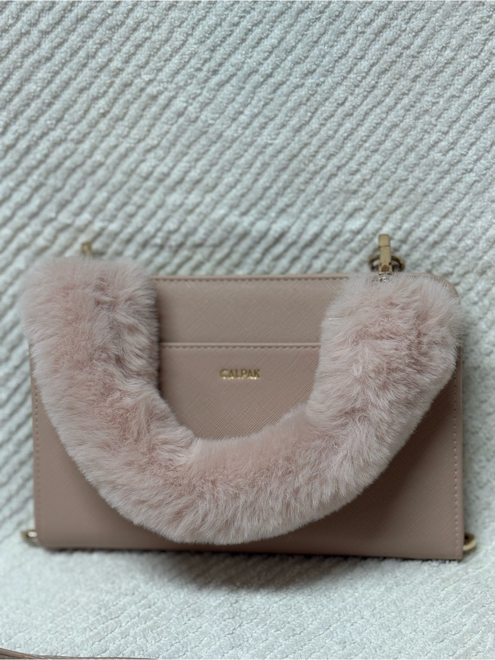 Calpak Blush Pink Faux Fur-Trim Shoulder Bag with Gold Hardware